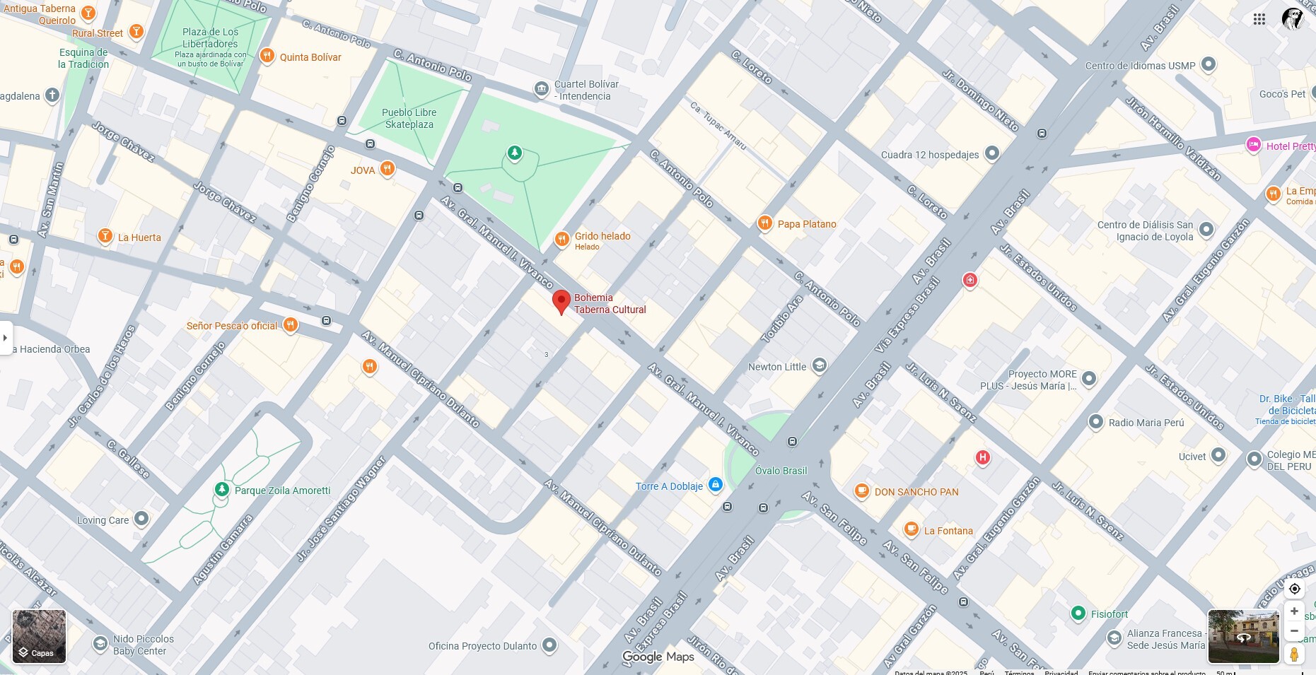 Mapa que muestra la ubicación del bar en el corazón de Pueblo Libre, específicamente en Av. General Manuel Vivanco 415